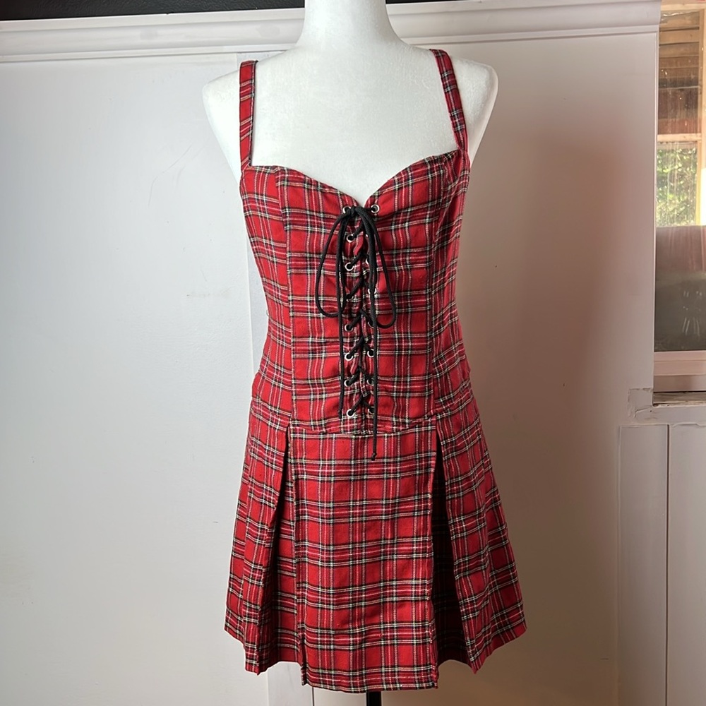 LIP SERVICE Red Tartan Punk n Disorderly Corset Dress Y2K Vtg